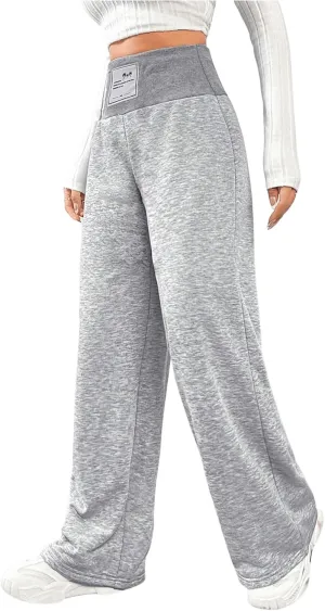 Girl's Elastic High Waisted Sweatpants Wide Leg Letter Patched Track Pants Trousers