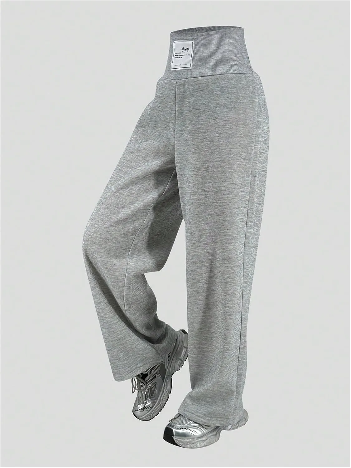 Girl's Elastic High Waisted Sweatpants Wide Leg Letter Patched Track Pants Trousers