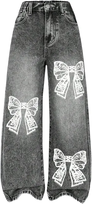 Girl's Y2k Bow Print Baggy Jeans Wide Leg High Waisted Denim Pants