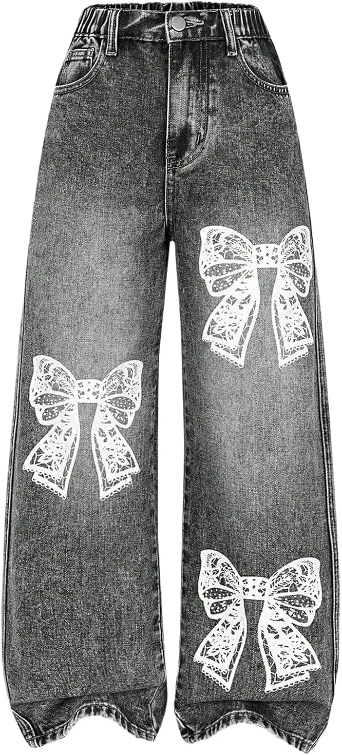 Girl's Y2k Bow Print Baggy Jeans Wide Leg High Waisted Denim Pants