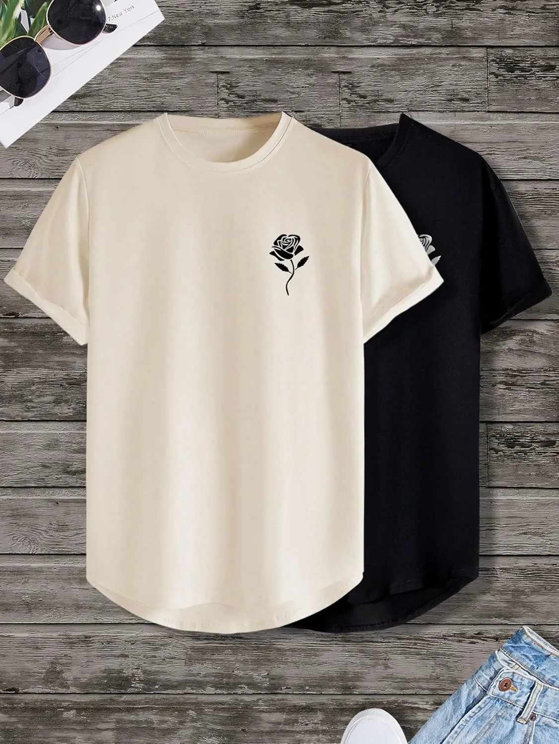 GORGLITTER Men's 2 Piece Pack Floral Graphic Print T Shirts Crewneck Short Sleeve Tee Top