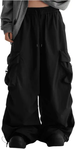 GORGLITTER Men's Parachute Cargo Pants Jogger with Pockets Baggy Wide Leg Open Bottom Elastics Waisted Loose Sweatpants