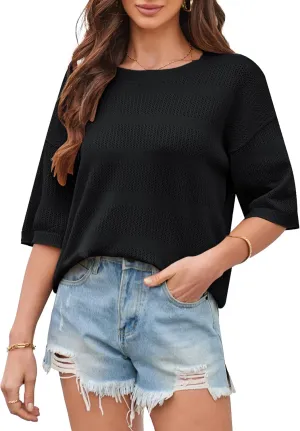 GRACE KARIN Women's Summer Oversized Hollow Out Crewneck Striped T Shirts Short Sleeve Knit Casual Basic Tee Tops