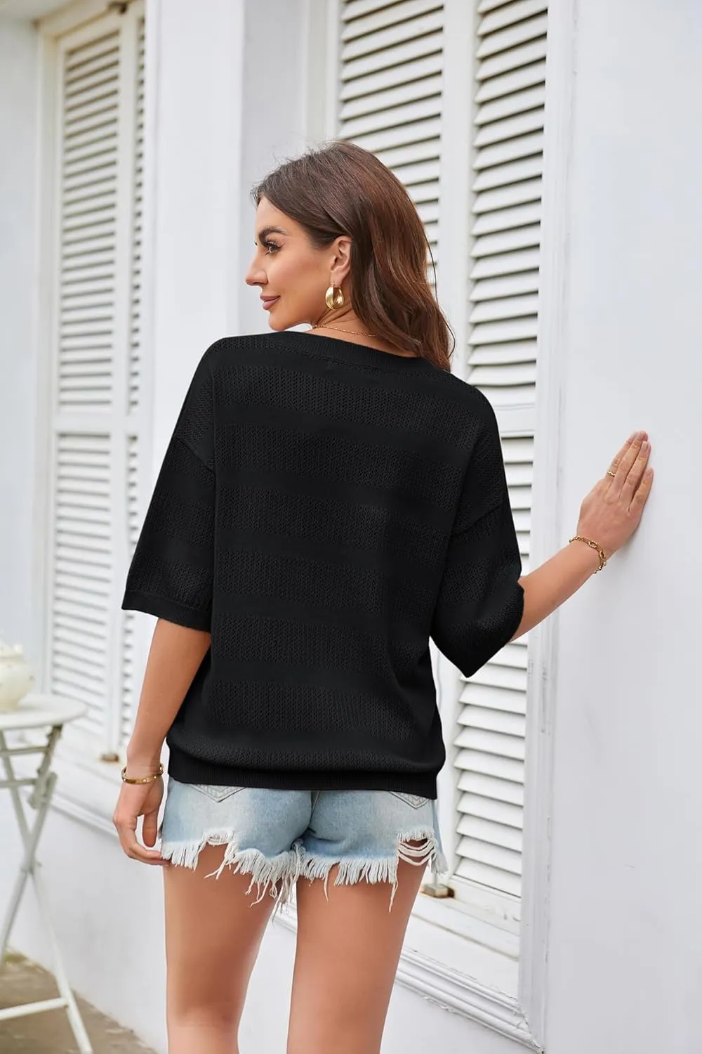 GRACE KARIN Women's Summer Oversized Hollow Out Crewneck Striped T Shirts Short Sleeve Knit Casual Basic Tee Tops