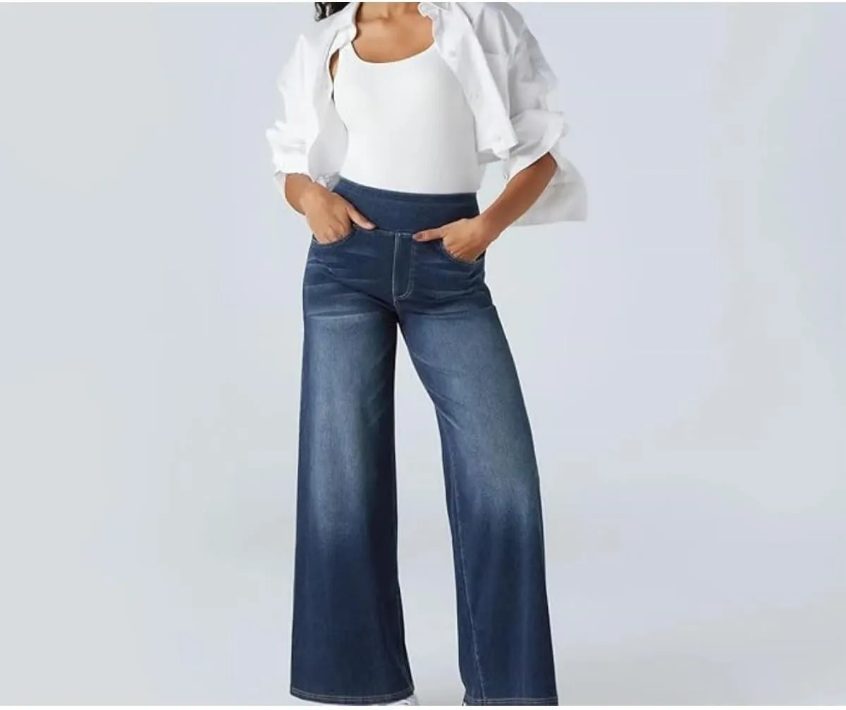 Grevela Pull up Jeans, High-Waisted Multi-Pocket Stretch high-Rise Wide-Leg Casual Jean