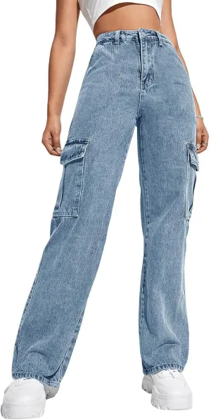 Haloumoning Girls Jeans Denim Elastic High Waisted Wide Leg Baggy Cargo Pants with Pockets 5-14 Years