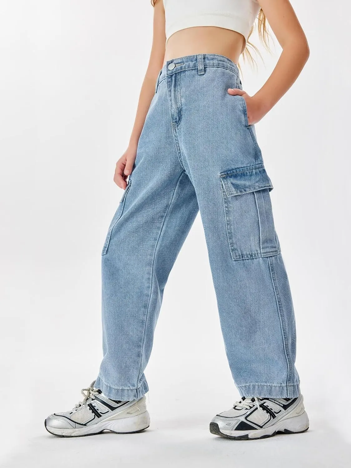 Haloumoning Girls Jeans Denim Elastic High Waisted Wide Leg Baggy Cargo Pants with Pockets 5-14 Years
