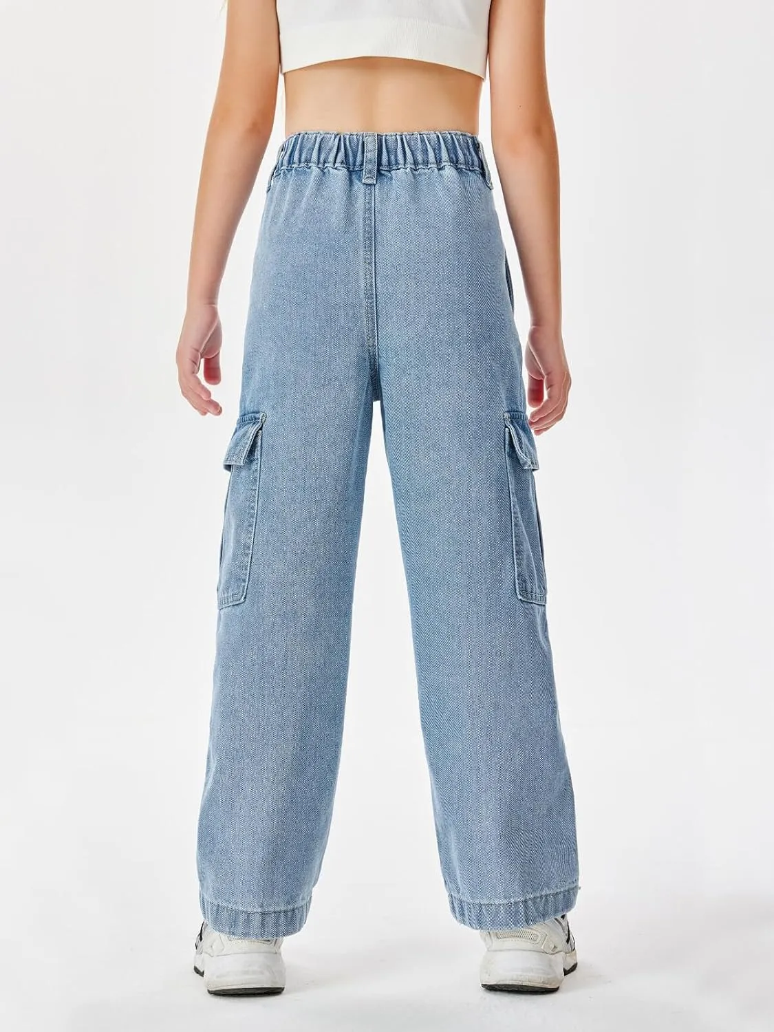 Haloumoning Girls Jeans Denim Elastic High Waisted Wide Leg Baggy Cargo Pants with Pockets 5-14 Years