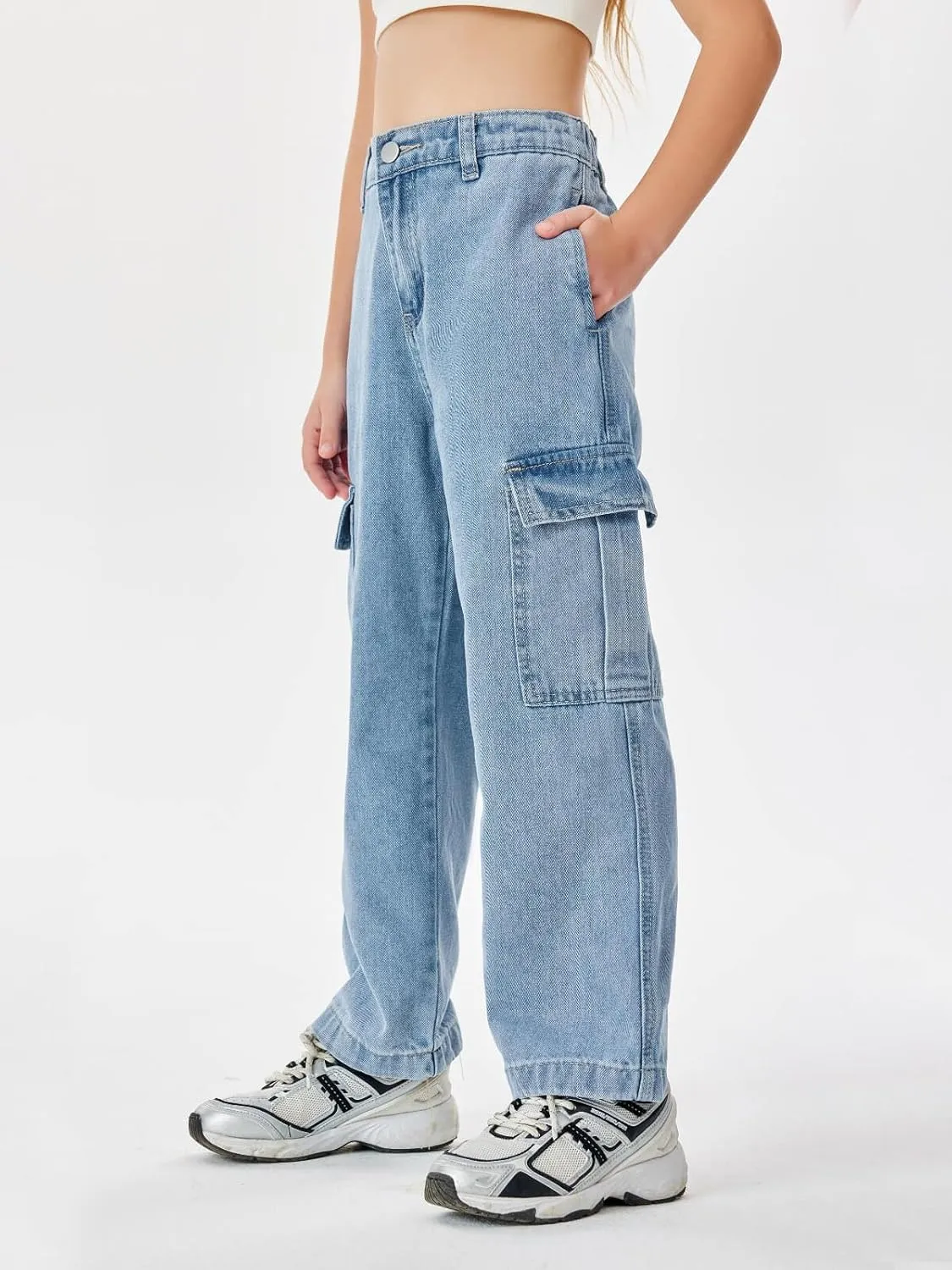 Haloumoning Girls Jeans Denim Elastic High Waisted Wide Leg Baggy Cargo Pants with Pockets 5-14 Years