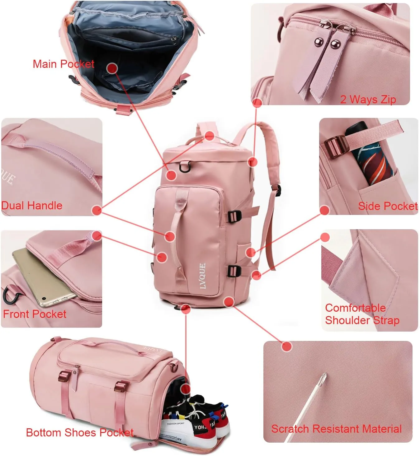 HATAMOTO Weekender Duffel Sport Gym Bag Overnight Travel duffle Bags with Shoe Compartment Wet Pocket, D2-Pink