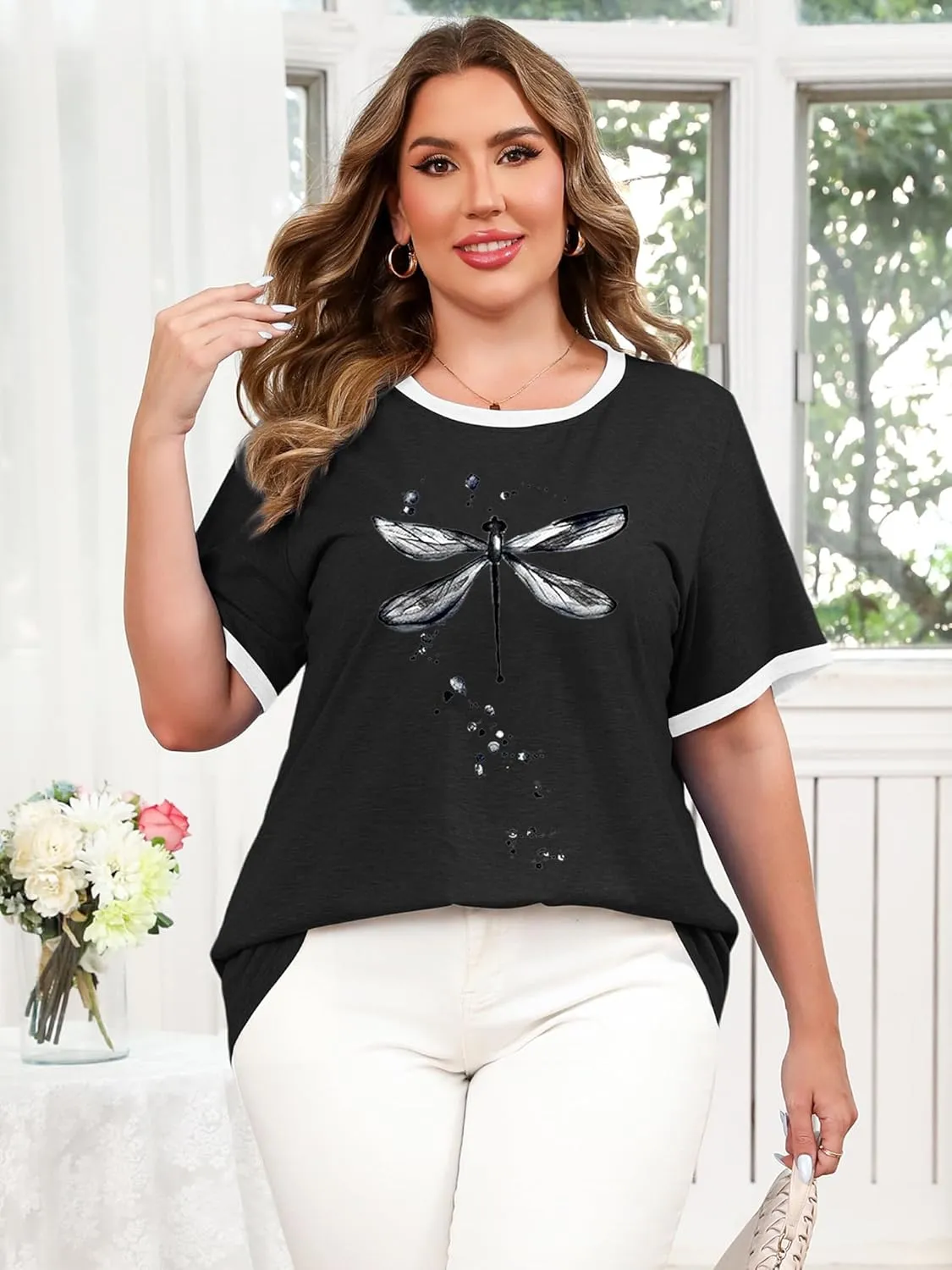 HDLTE Plus Size Tshirts for Women  Oversized Graphic Tees Short Sleeve Crewneck Cute Casual Tops Loose Summer Outfit 2025
