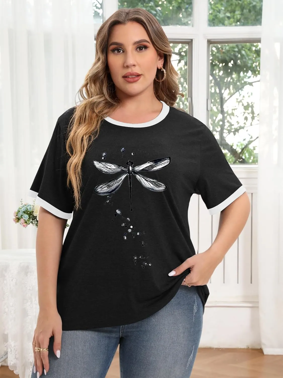 HDLTE Plus Size Tshirts for Women  Oversized Graphic Tees Short Sleeve Crewneck Cute Casual Tops Loose Summer Outfit 2025