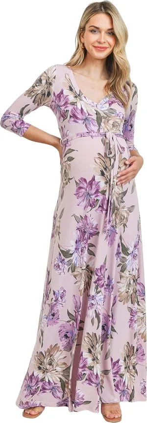 HELLO MIZ Women's Faux Wrap Maxi Maternity Dress with Belt - Made in USA
