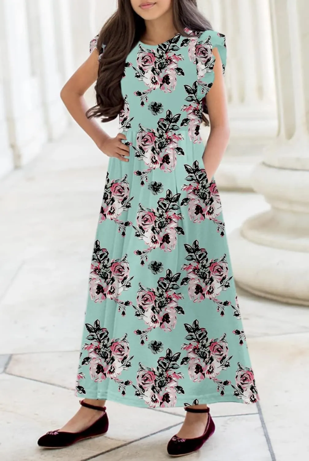 HOSIKA Girls Floral Maxi Dress Boho Ruffle Sleeve Pleated Casual A-line Swing Dresses with Pockets 6-12 Years
