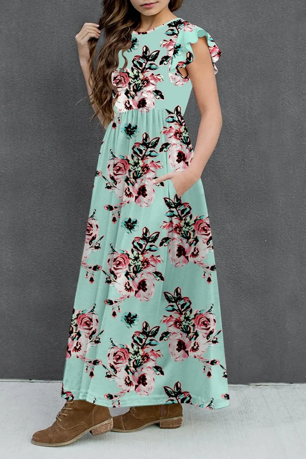 HOSIKA Girls Floral Maxi Dress Boho Ruffle Sleeve Pleated Casual A-line Swing Dresses with Pockets 6-12 Years