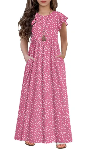HOSIKA Girls Floral Maxi Dress Boho Ruffle Sleeve Pleated Casual A-line Swing Dresses with Pockets 6-12 Years