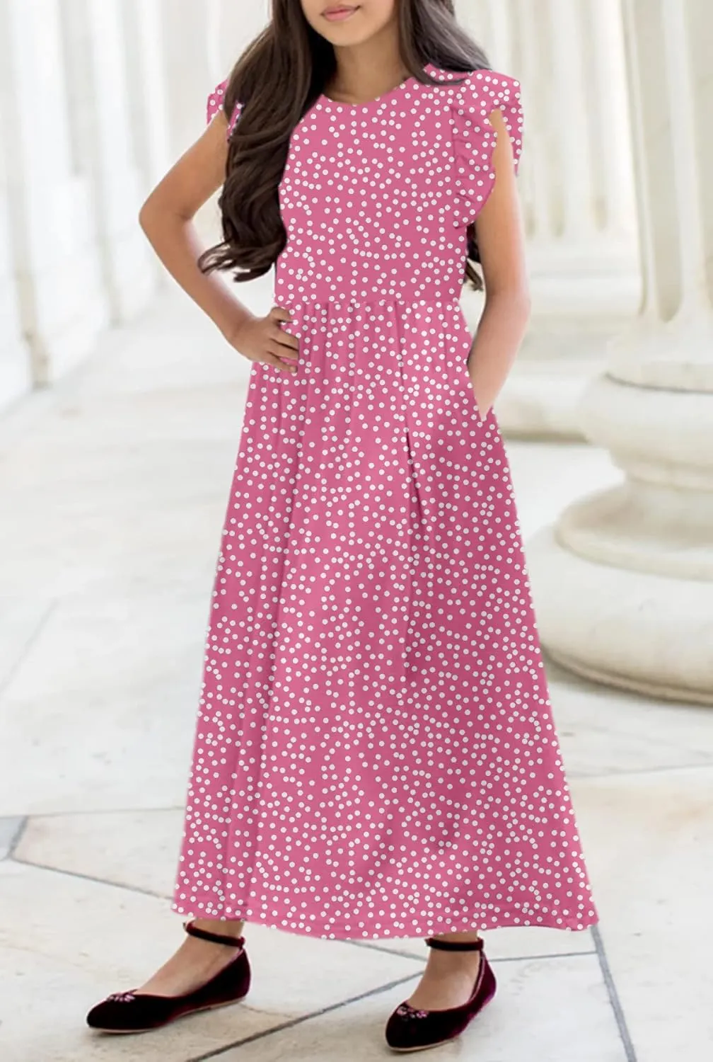 HOSIKA Girls Floral Maxi Dress Boho Ruffle Sleeve Pleated Casual A-line Swing Dresses with Pockets 6-12 Years
