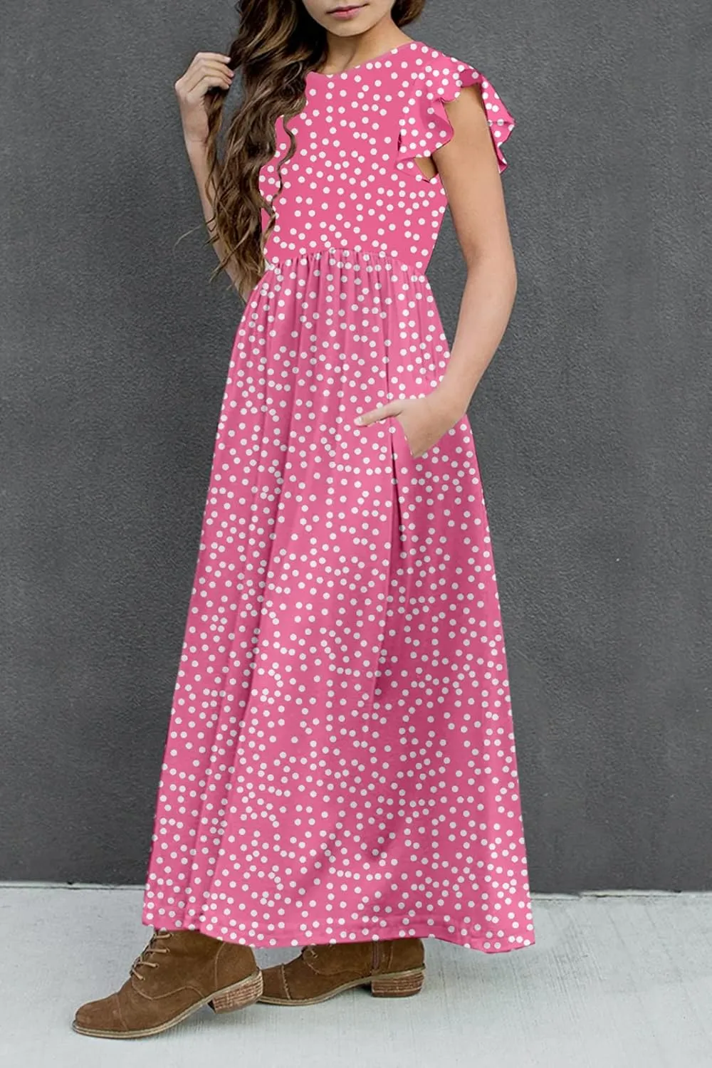HOSIKA Girls Floral Maxi Dress Boho Ruffle Sleeve Pleated Casual A-line Swing Dresses with Pockets 6-12 Years