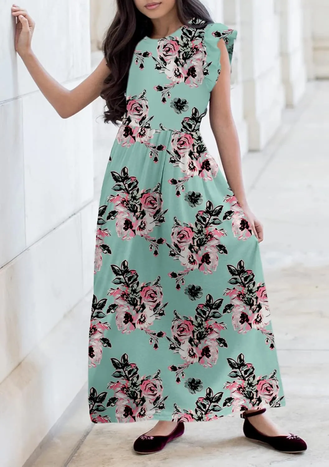 HOSIKA Girls Floral Maxi Dress Boho Ruffle Sleeve Pleated Casual A-line Swing Dresses with Pockets 6-12 Years