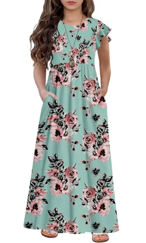 HOSIKA Girls Floral Maxi Dress Boho Ruffle Sleeve Pleated Casual A-line Swing Dresses with Pockets 6-12 Years