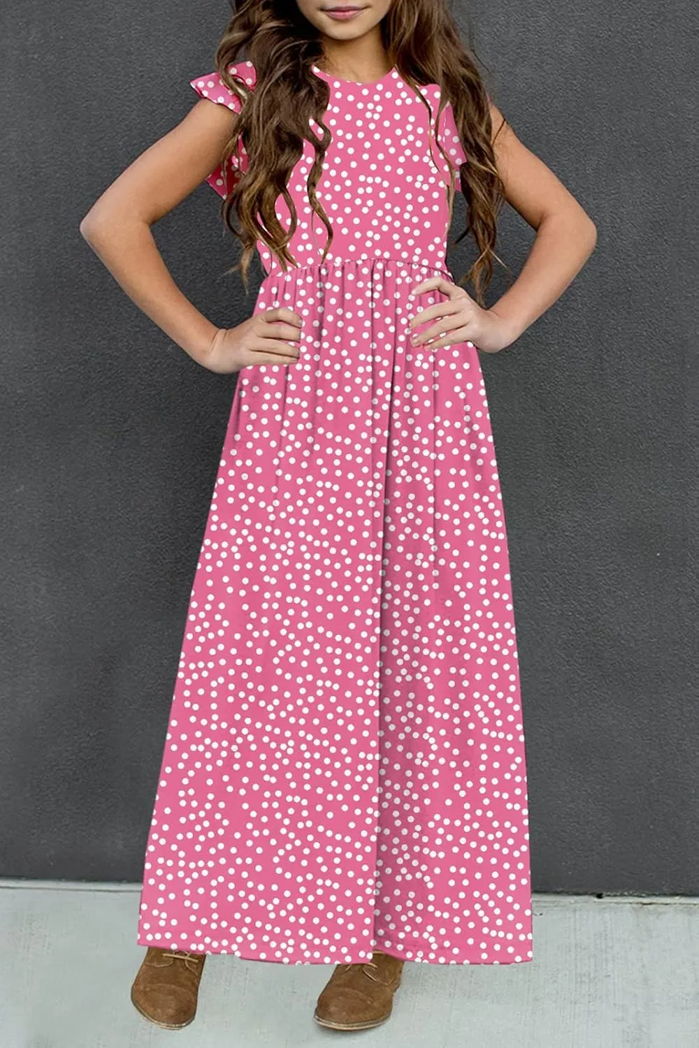HOSIKA Girls Floral Maxi Dress Boho Ruffle Sleeve Pleated Casual A-line Swing Dresses with Pockets 6-12 Years
