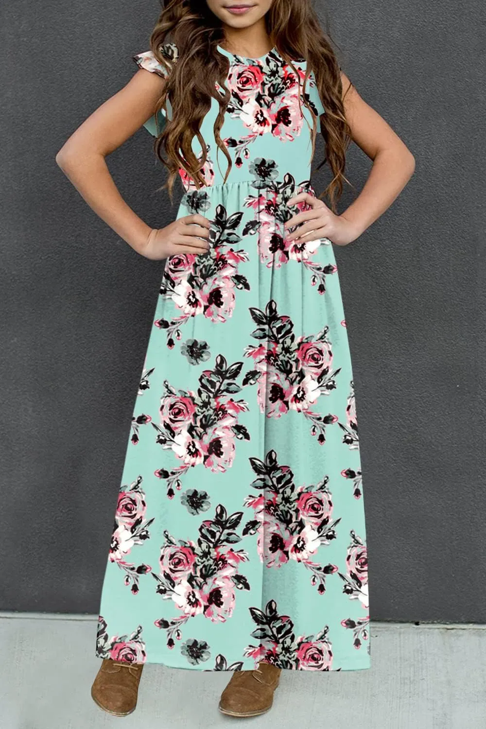 HOSIKA Girls Floral Maxi Dress Boho Ruffle Sleeve Pleated Casual A-line Swing Dresses with Pockets 6-12 Years