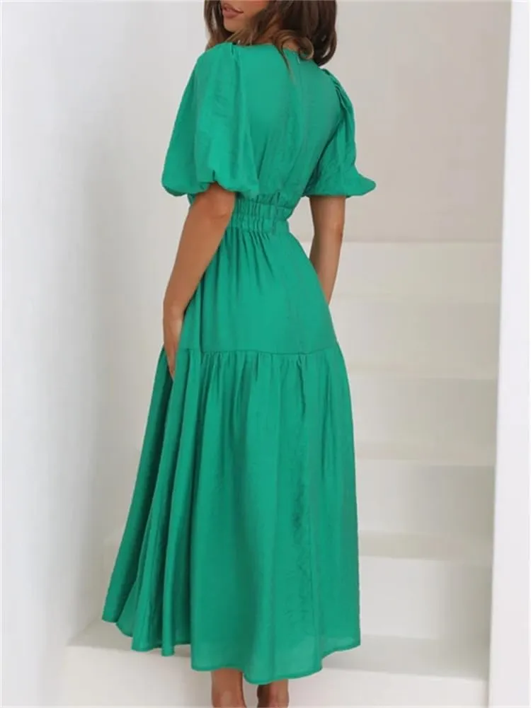 HOULENGS Women's Deep V Neck Puff Short Sleeve Tiered Dress Elastic High Waist Flowy A Line Midi Dresses