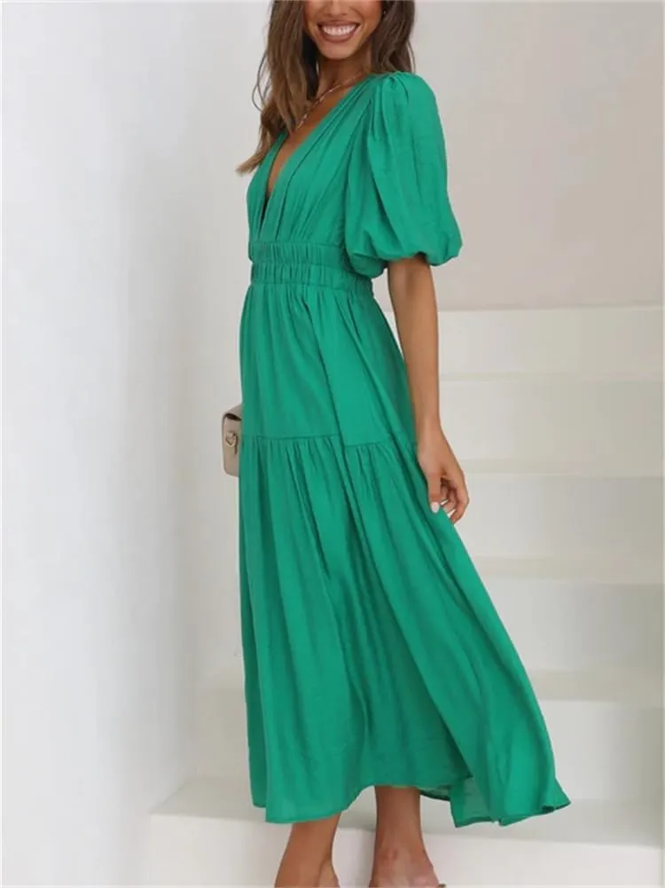 HOULENGS Women's Deep V Neck Puff Short Sleeve Tiered Dress Elastic High Waist Flowy A Line Midi Dresses