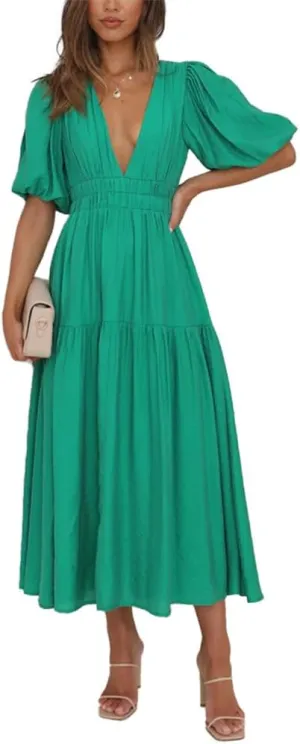 HOULENGS Women's Deep V Neck Puff Short Sleeve Tiered Dress Elastic High Waist Flowy A Line Midi Dresses