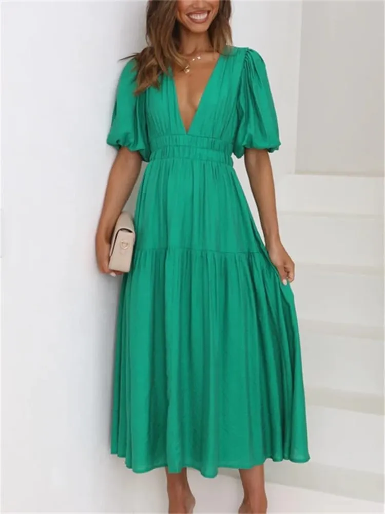 HOULENGS Women's Deep V Neck Puff Short Sleeve Tiered Dress Elastic High Waist Flowy A Line Midi Dresses