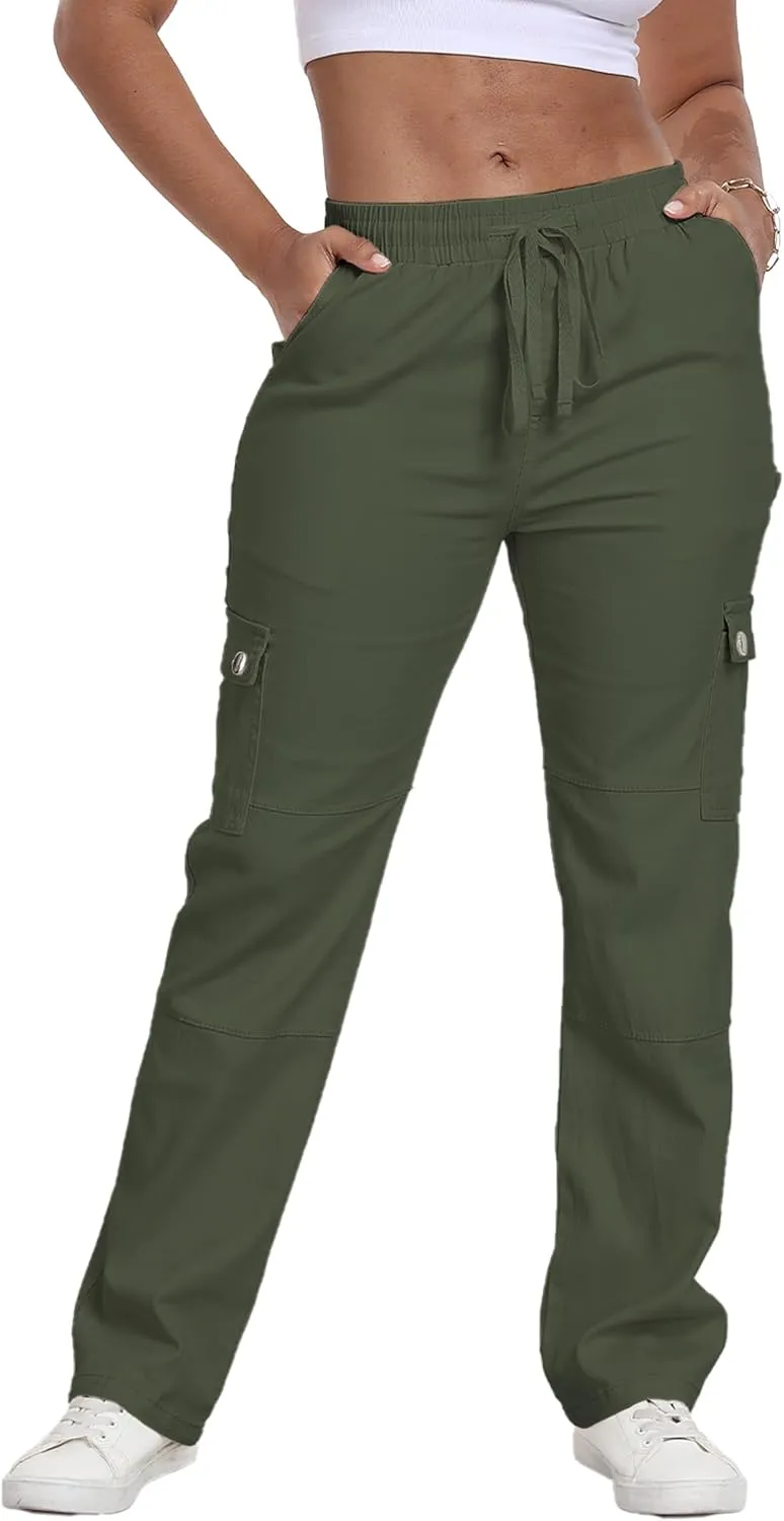 HVEPUO Womens Pants Casual Straight Leg Cargo Pants High Waisted Jeans for Women with Pockets