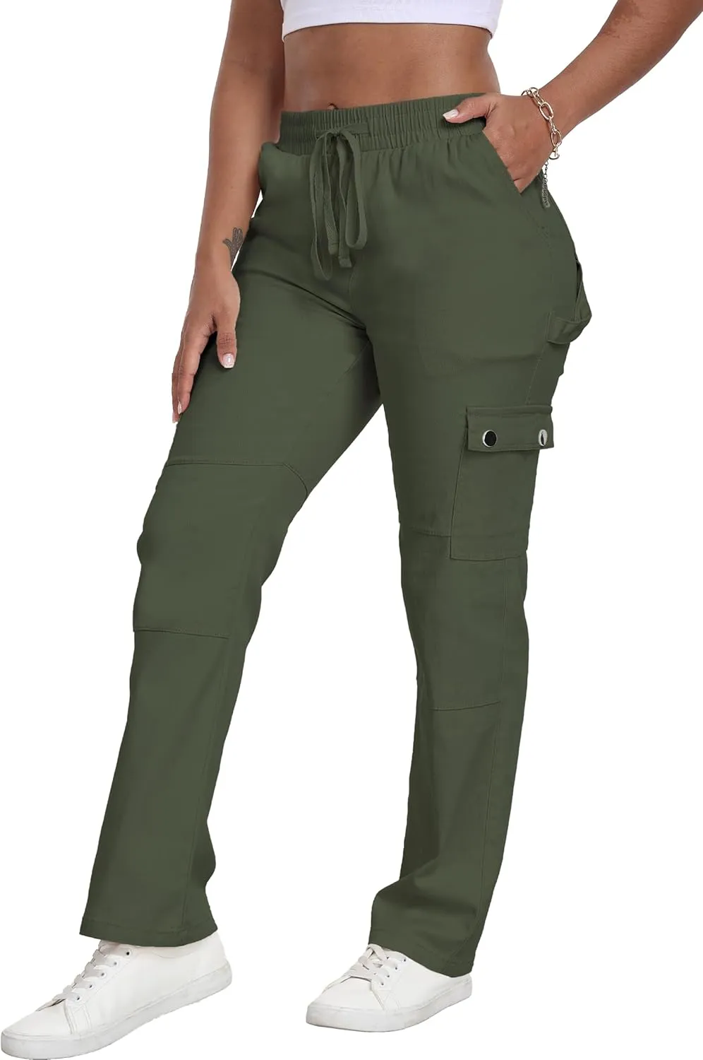HVEPUO Womens Pants Casual Straight Leg Cargo Pants High Waisted Jeans for Women with Pockets