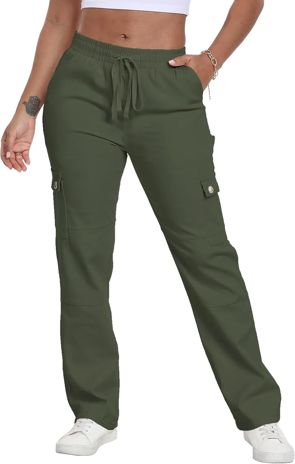 HVEPUO Womens Pants Casual Straight Leg Cargo Pants High Waisted Jeans for Women with Pockets