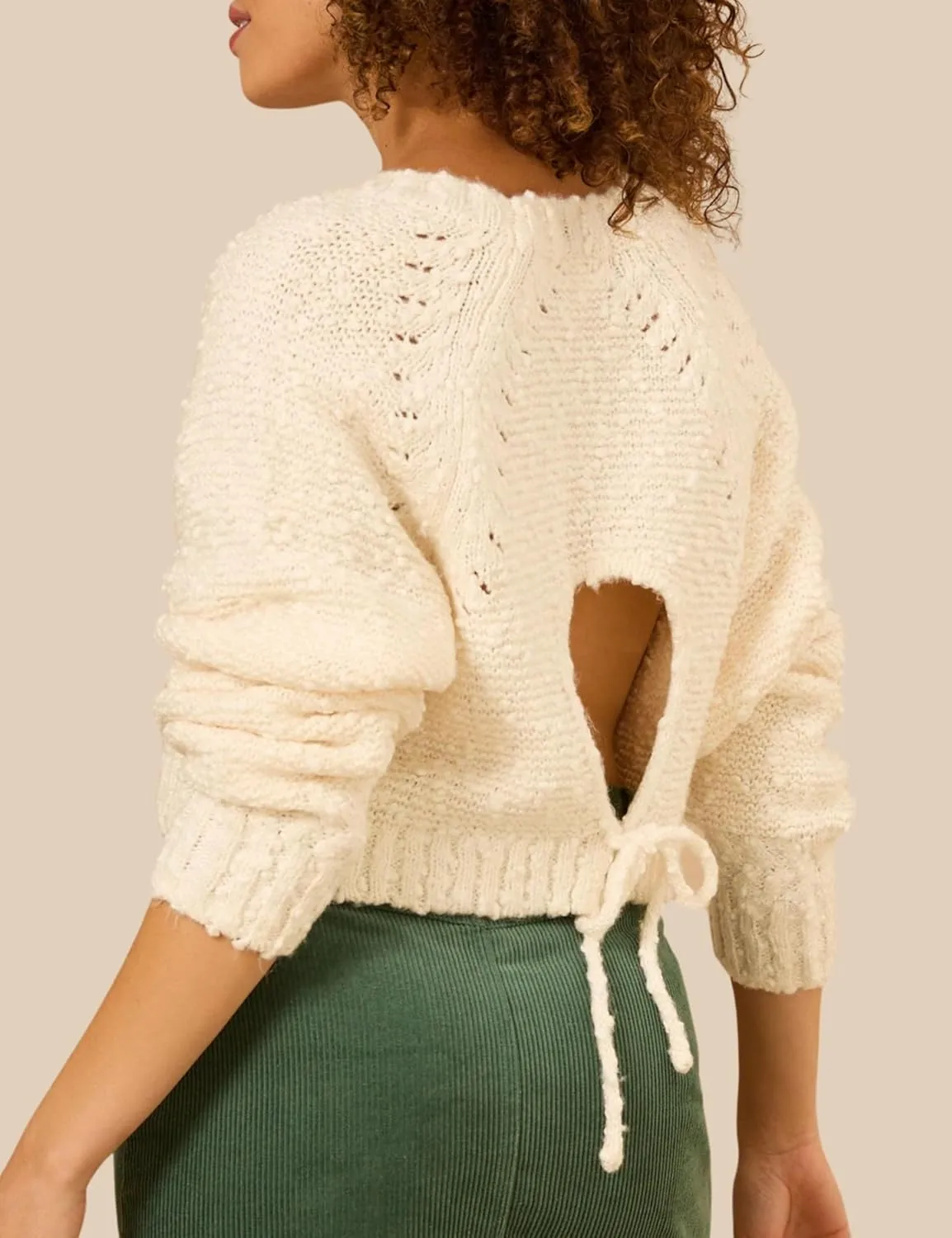 InterNos Women's Open Tie Back Pullover Sweater Popcorn Crew Neck Backless Bow Tie Knitted Crop Tops