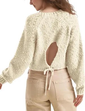 InterNos Women's Open Tie Back Pullover Sweater Popcorn Crew Neck Backless Bow Tie Knitted Crop Tops