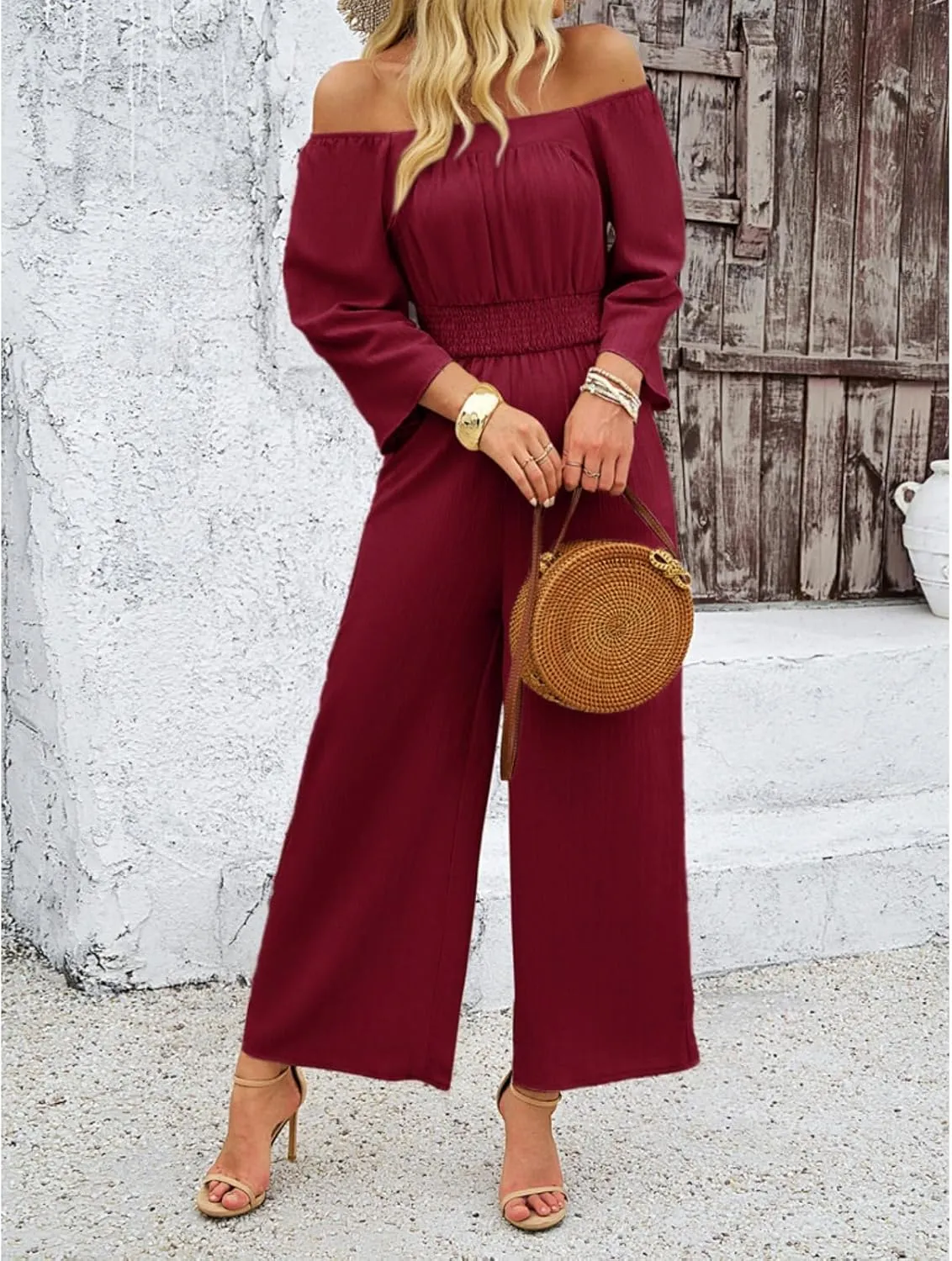 Jumpsuits for Women Casual Dressy Smocked High Waisted Wide Leg Jumpsuits Summer Boho Short Sleeve Square Neck Long Romper