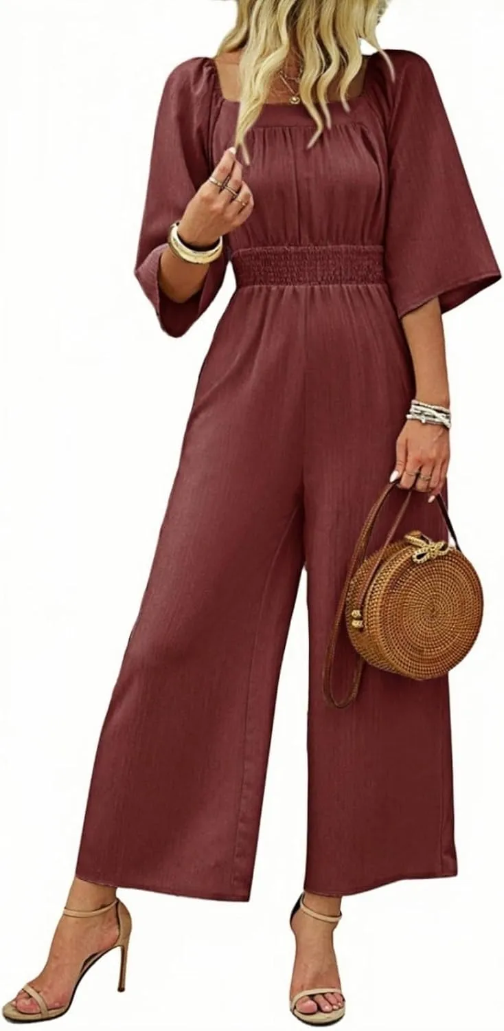 Jumpsuits for Women Casual Dressy Smocked High Waisted Wide Leg Jumpsuits Summer Boho Short Sleeve Square Neck Long Romper