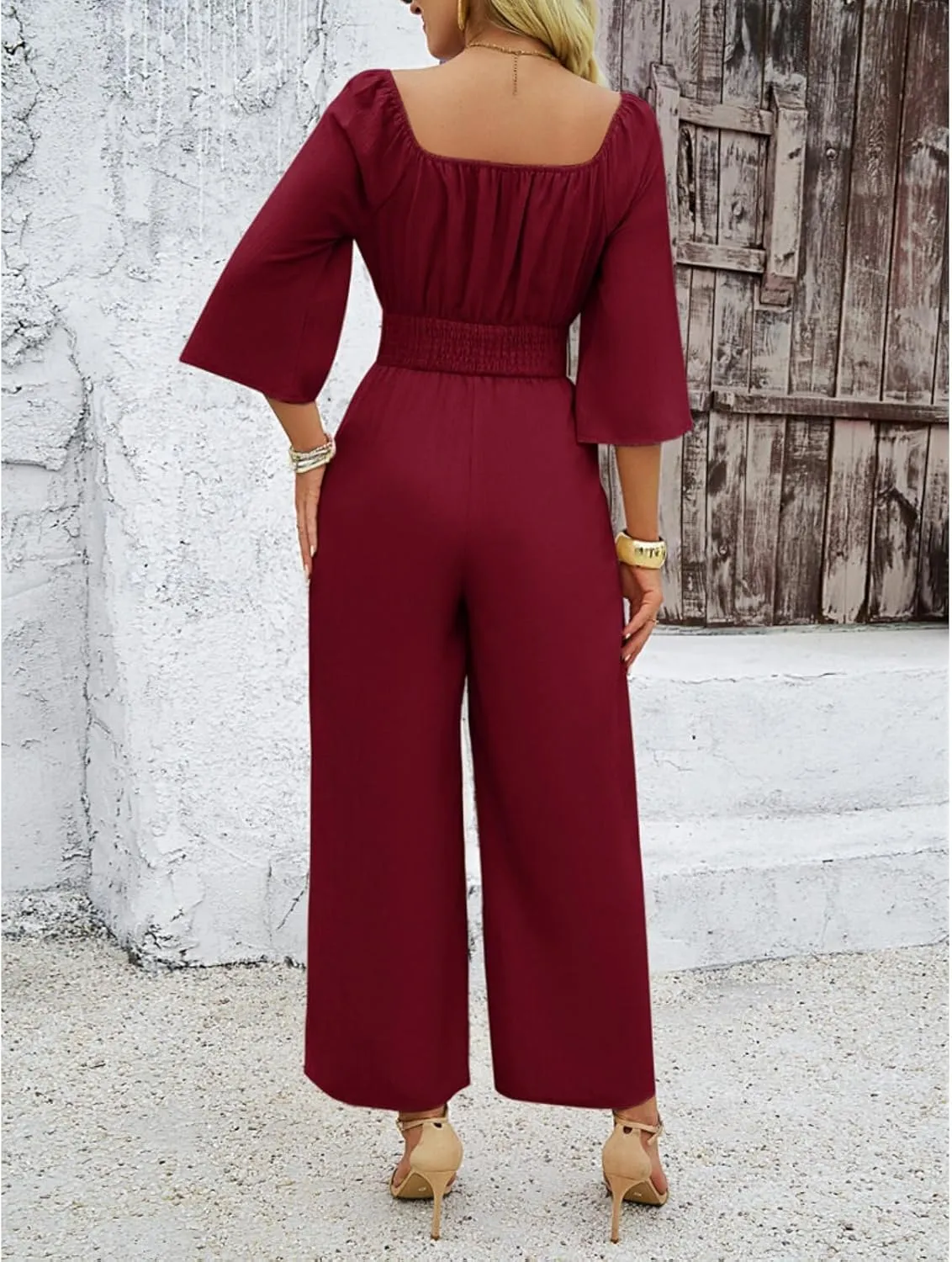 Jumpsuits for Women Casual Dressy Smocked High Waisted Wide Leg Jumpsuits Summer Boho Short Sleeve Square Neck Long Romper