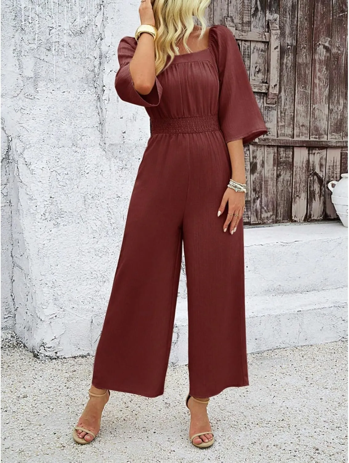 Jumpsuits for Women Casual Dressy Smocked High Waisted Wide Leg Jumpsuits Summer Boho Short Sleeve Square Neck Long Romper