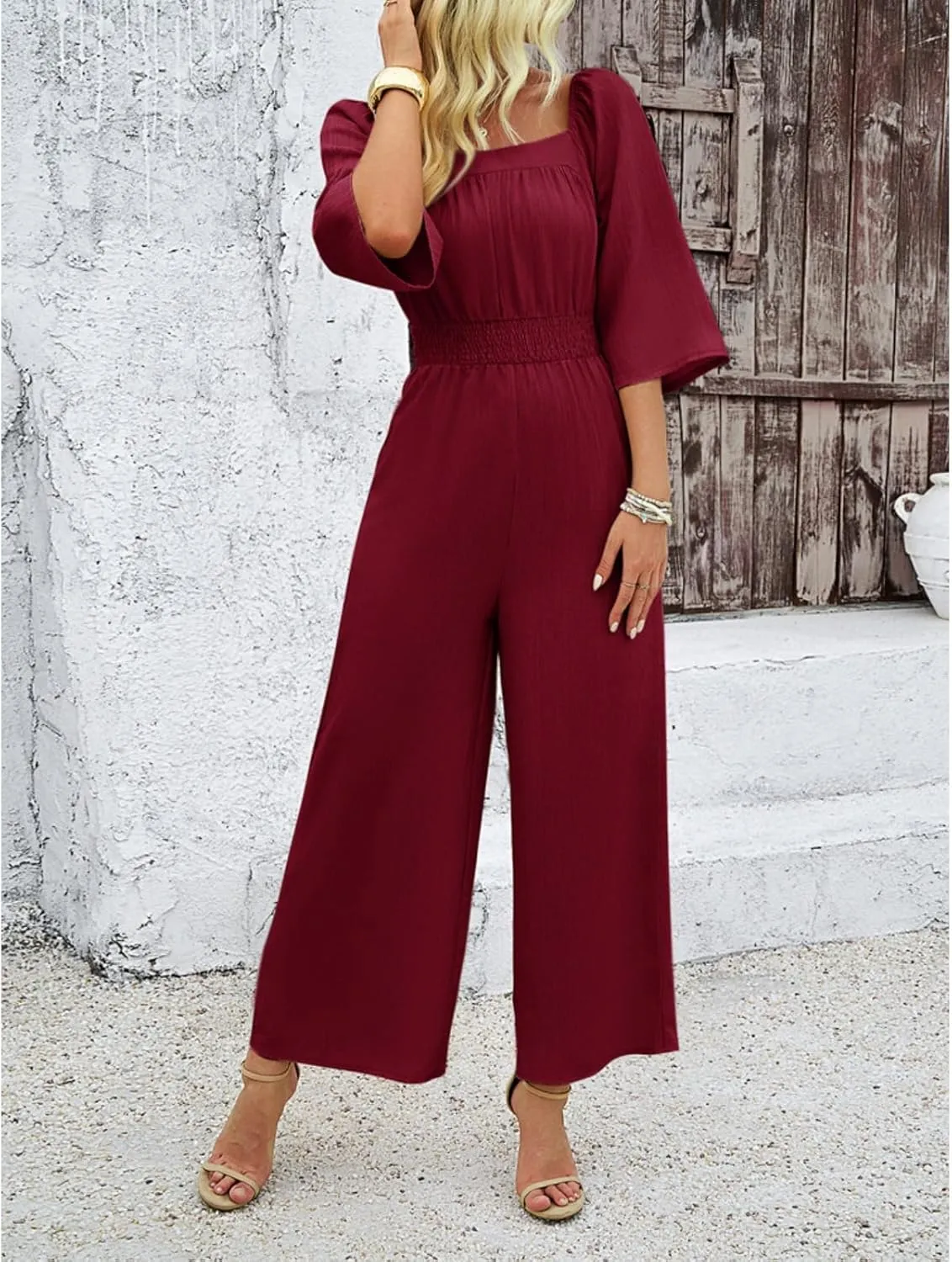 Jumpsuits for Women Casual Dressy Smocked High Waisted Wide Leg Jumpsuits Summer Boho Short Sleeve Square Neck Long Romper