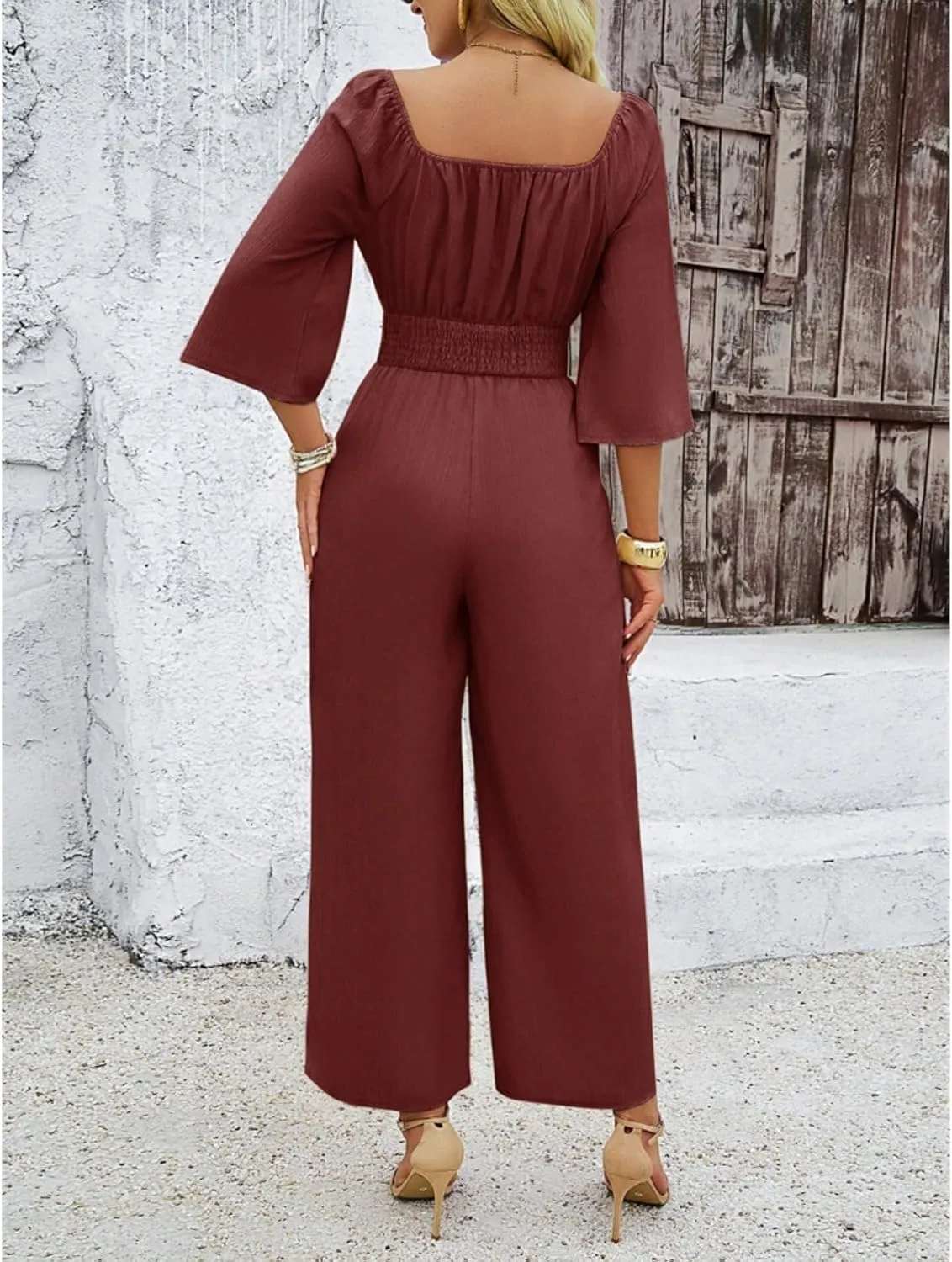 Jumpsuits for Women Casual Dressy Smocked High Waisted Wide Leg Jumpsuits Summer Boho Short Sleeve Square Neck Long Romper