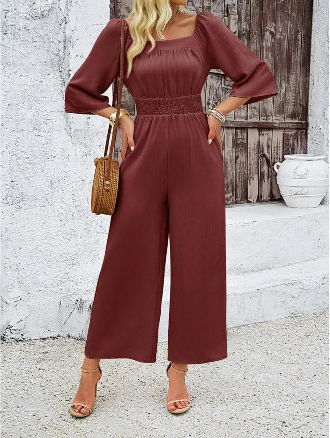 Jumpsuits for Women Casual Dressy Smocked High Waisted Wide Leg Jumpsuits Summer Boho Short Sleeve Square Neck Long Romper