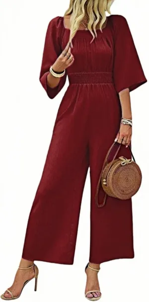 Jumpsuits for Women Casual Dressy Smocked High Waisted Wide Leg Jumpsuits Summer Boho Short Sleeve Square Neck Long Romper