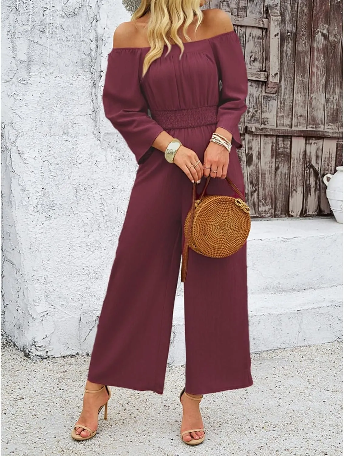 Jumpsuits for Women Casual Dressy Smocked High Waisted Wide Leg Jumpsuits Summer Boho Short Sleeve Square Neck Long Romper