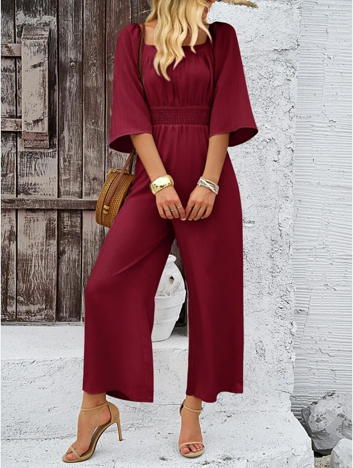 Jumpsuits for Women Casual Dressy Smocked High Waisted Wide Leg Jumpsuits Summer Boho Short Sleeve Square Neck Long Romper