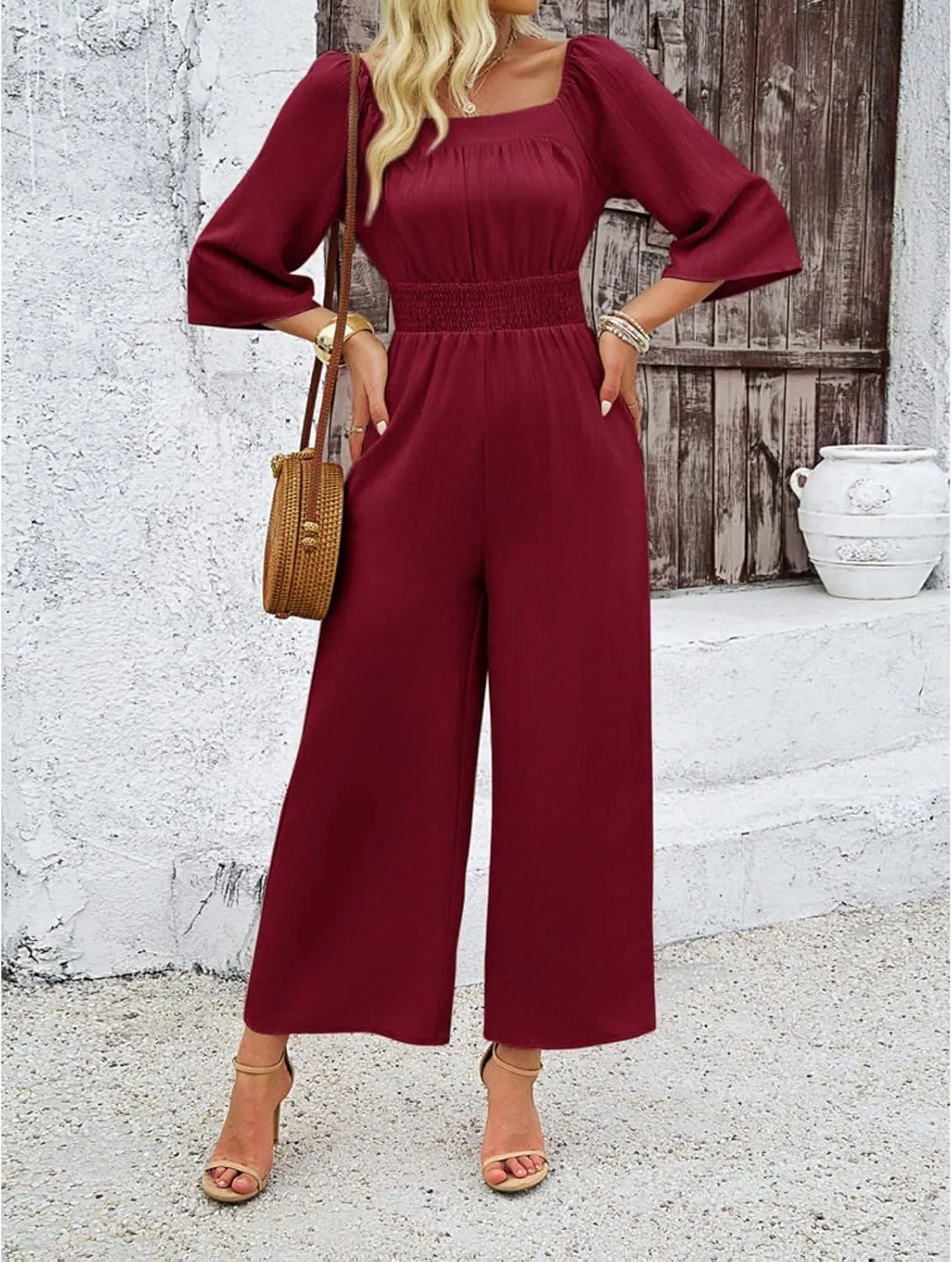 Jumpsuits for Women Casual Dressy Smocked High Waisted Wide Leg Jumpsuits Summer Boho Short Sleeve Square Neck Long Romper
