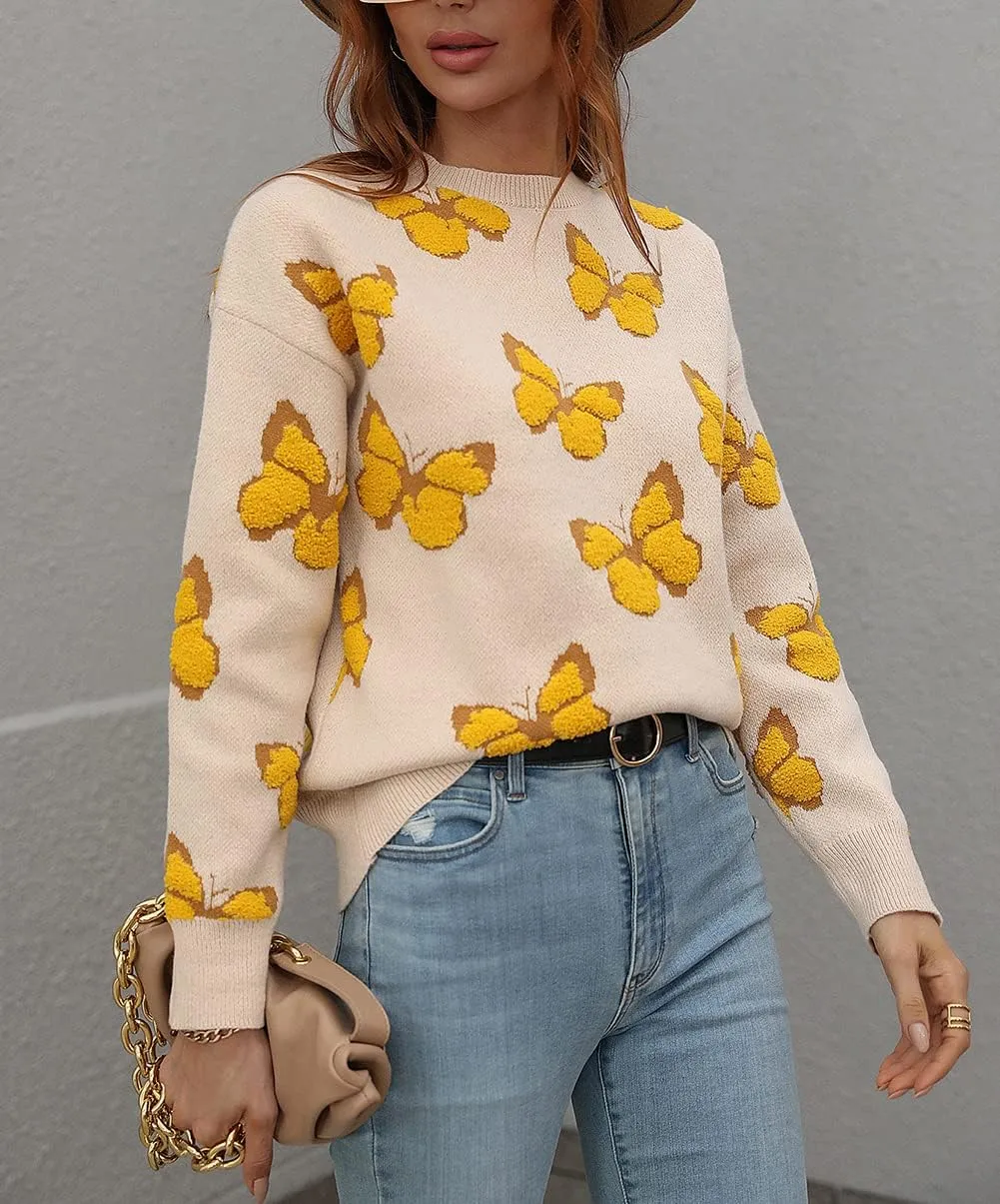 JUNBOON Womens Casual Leopard Print Knitted Pullover Sweaters Long Sleeve Crew Neck Jumper Tops
