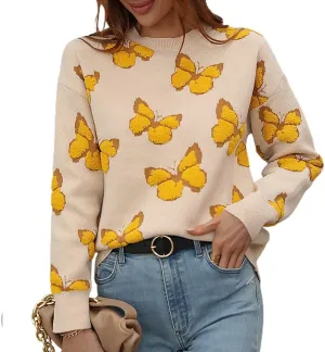 JUNBOON Womens Casual Leopard Print Knitted Pullover Sweaters Long Sleeve Crew Neck Jumper Tops