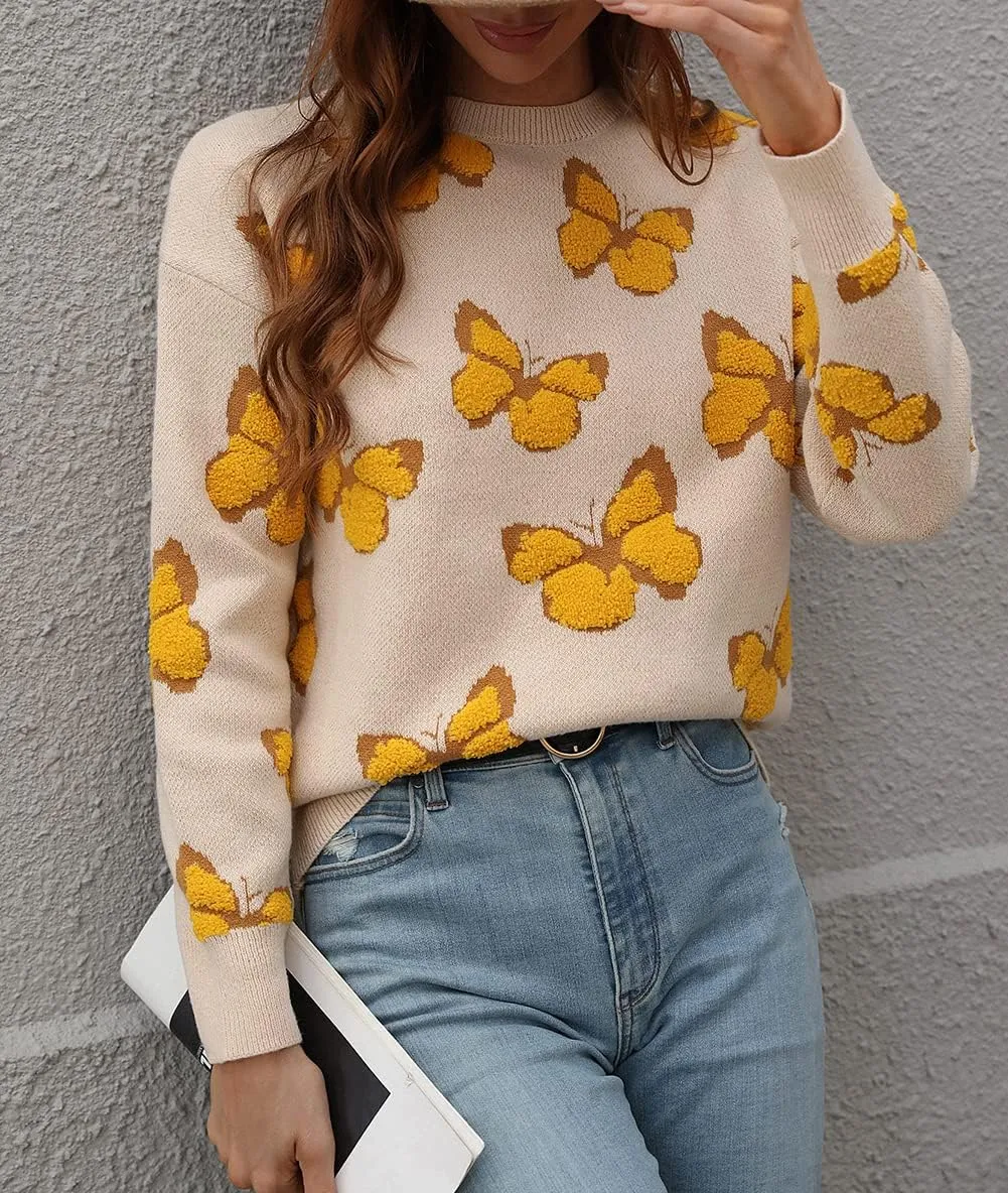JUNBOON Womens Casual Leopard Print Knitted Pullover Sweaters Long Sleeve Crew Neck Jumper Tops