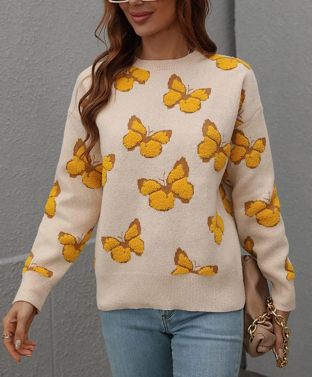 JUNBOON Womens Casual Leopard Print Knitted Pullover Sweaters Long Sleeve Crew Neck Jumper Tops